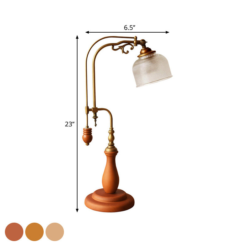 Curvy Metallic Table Light Antiqued Style 1 Bulb Bedside Nightstand Lamp in Red Brown/Yellow Brown/Wood with Cylindrical Clear Glass Shade Clearhalo 'Lamps' 'Table Lamps' Lighting' 1221364