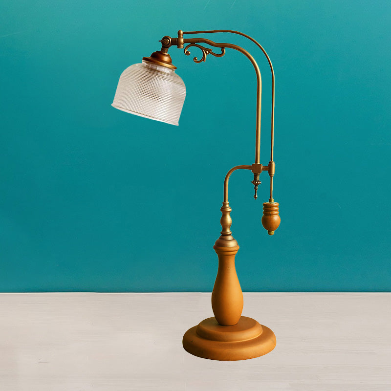 Curvy Metallic Table Light Antiqued Style 1 Bulb Bedside Nightstand Lamp in Red Brown/Yellow Brown/Wood with Cylindrical Clear Glass Shade Clearhalo 'Lamps' 'Table Lamps' Lighting' 1221366