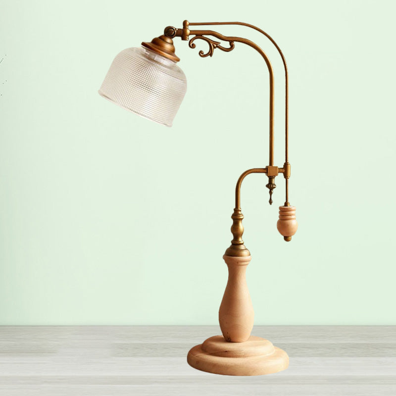 Curvy Metallic Table Light Antiqued Style 1 Bulb Bedside Nightstand Lamp in Red Brown/Yellow Brown/Wood with Cylindrical Clear Glass Shade Clearhalo 'Lamps' 'Table Lamps' Lighting' 1221371