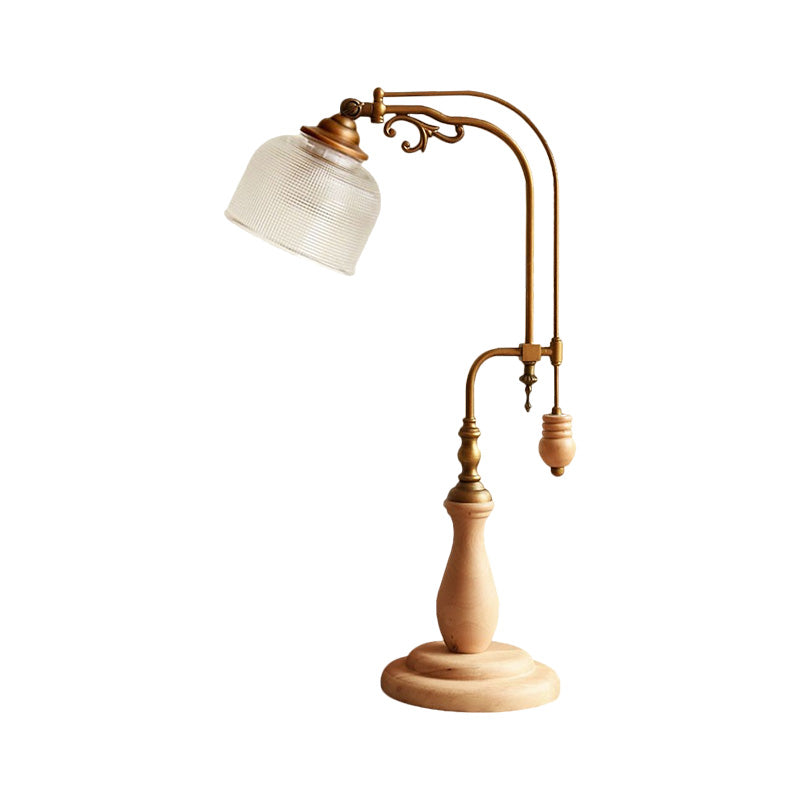 Curvy Metallic Table Light Antiqued Style 1 Bulb Bedside Nightstand Lamp in Red Brown/Yellow Brown/Wood with Cylindrical Clear Glass Shade Clearhalo 'Lamps' 'Table Lamps' Lighting' 1221372