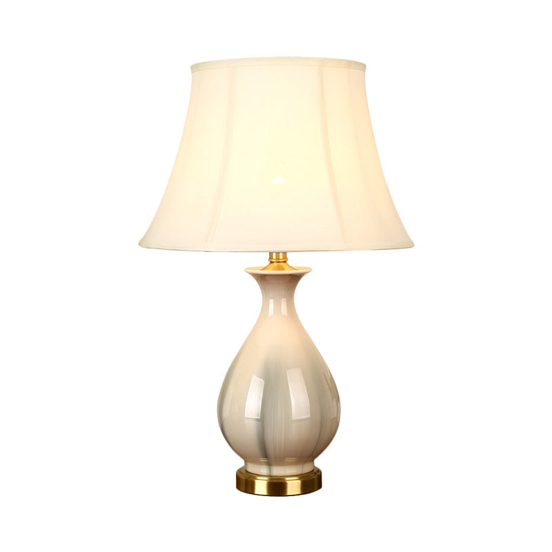 White Conic Design Desk Light Antiqued Style Fabric 1 Bulb Bedroom Table Lamp with Vase Porcelain Base Clearhalo 'Lamps' 'Table Lamps' Lighting' 1221383
