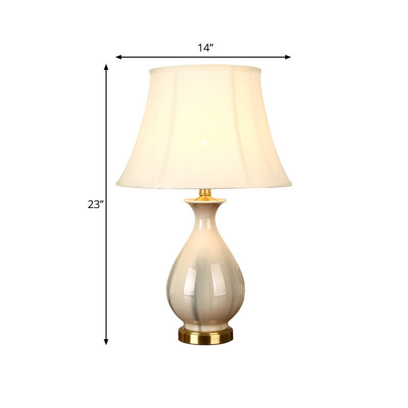 White Conic Design Desk Light Antiqued Style Fabric 1 Bulb Bedroom Table Lamp with Vase Porcelain Base Clearhalo 'Lamps' 'Table Lamps' Lighting' 1221384