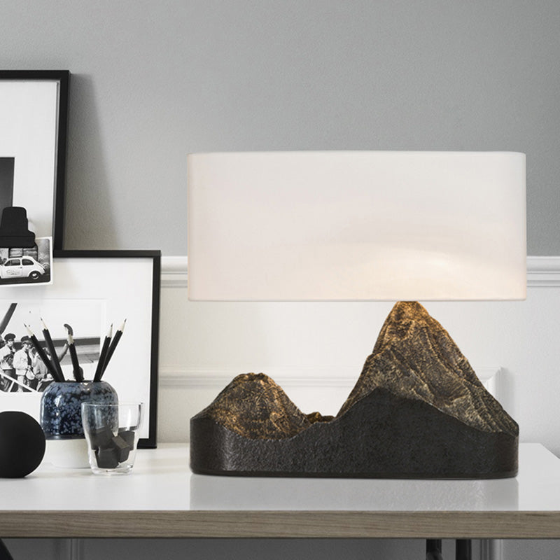 Mountain Design Bedroom Night Stand Lamp Vintage Style Resin 1-Light Black Desk Light with Drum Fabric Shade Black Clearhalo 'Lamps' 'Table Lamps' Lighting' 1221385