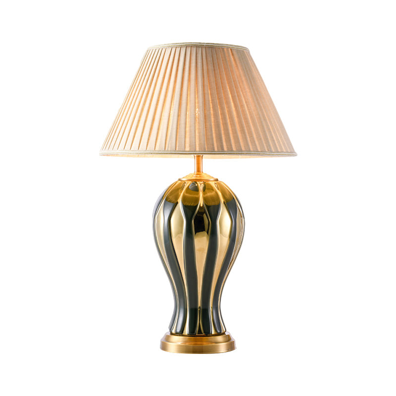 Black-Gold Vase Design Base Desk Light Retro Porcelain 1 Light Study Room Night Table Lamp with Conic Fabric Shade Clearhalo 'Lamps' 'Table Lamps' Lighting' 1221395