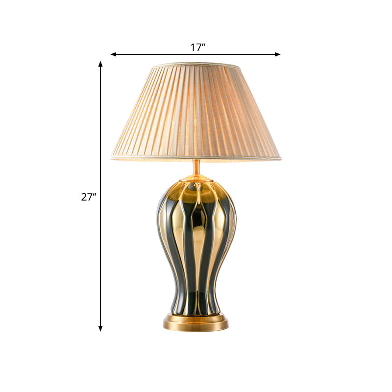 Black-Gold Vase Design Base Desk Light Retro Porcelain 1 Light Study Room Night Table Lamp with Conic Fabric Shade Clearhalo 'Lamps' 'Table Lamps' Lighting' 1221396