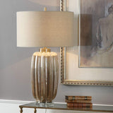 Antiqued Drum Shade Nightstand Lamp 1 Bulb Fabric Desk Light with Cylindrical Base in Brown Brown Clearhalo 'Lamps' 'Table Lamps' Lighting' 1221397