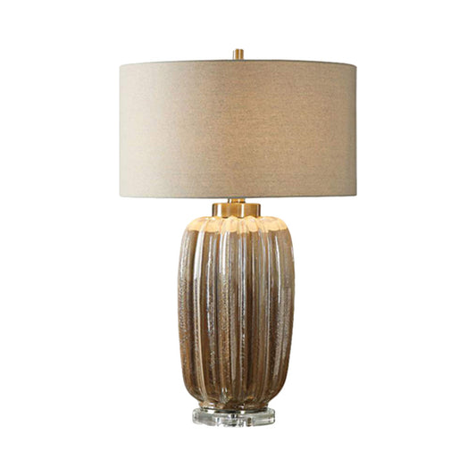Antiqued Drum Shade Nightstand Lamp 1 Bulb Fabric Desk Light with Cylindrical Base in Brown Clearhalo 'Lamps' 'Table Lamps' Lighting' 1221399