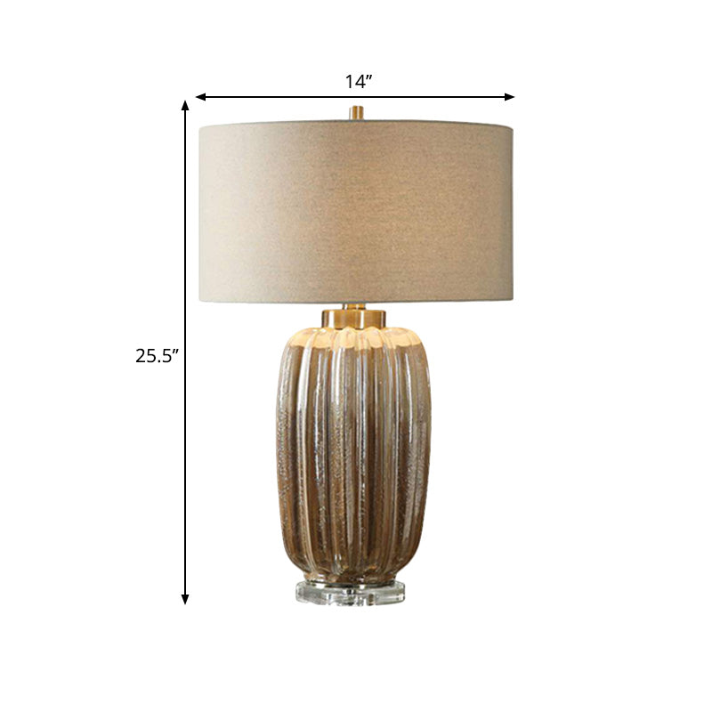 Antiqued Drum Shade Nightstand Lamp 1 Bulb Fabric Desk Light with Cylindrical Base in Brown Clearhalo 'Lamps' 'Table Lamps' Lighting' 1221400