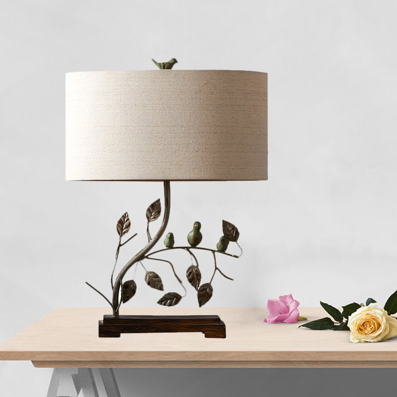 Metallic Leaf Design Table Lamp Vintage 1-Light Bedroom Desk Light in Brown with Drum Fabric Shade Brown Clearhalo 'Lamps' 'Table Lamps' Lighting' 1221405