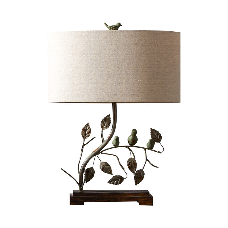 Metallic Leaf Design Table Lamp Vintage 1-Light Bedroom Desk Light in Brown with Drum Fabric Shade Clearhalo 'Lamps' 'Table Lamps' Lighting' 1221407