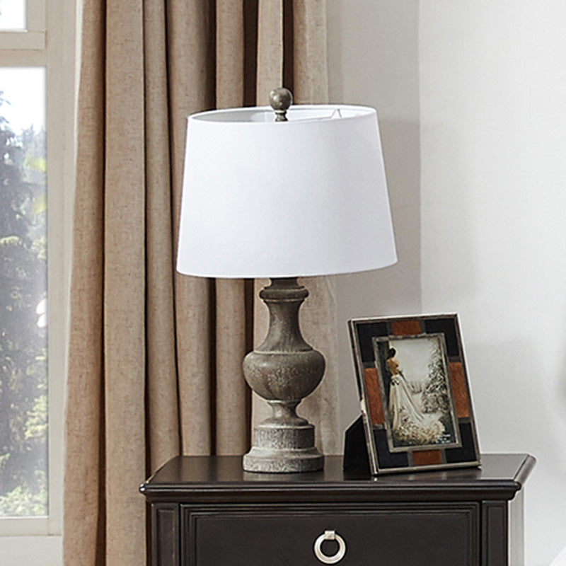 White Barrel Shade Nightstand Lamp Antique Fabric 1-Bulb Bedside Desk Light with Urn Base White Clearhalo 'Lamps' 'Table Lamps' Lighting' 1221413