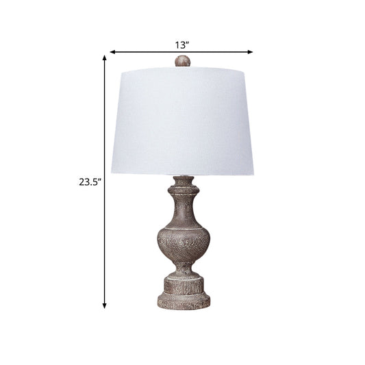 White Barrel Shade Nightstand Lamp Antique Fabric 1-Bulb Bedside Desk Light with Urn Base Clearhalo 'Lamps' 'Table Lamps' Lighting' 1221416