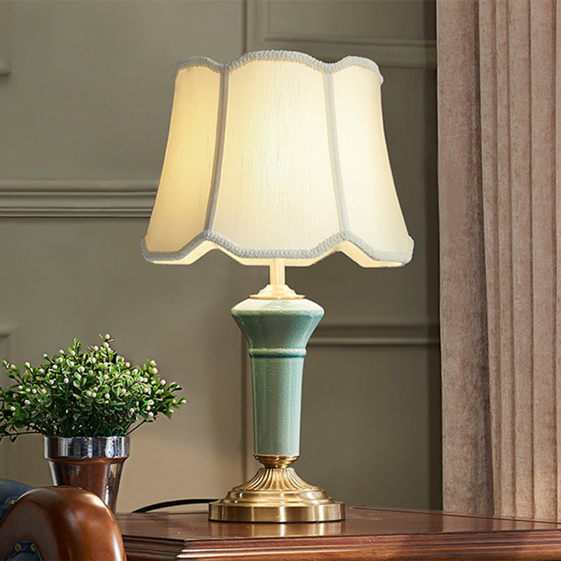 Porcelain Blue Desk Light Column-Shaped Base 1 Light Traditional Table Lamp with Ruffle Edged Fabric Shade Blue Clearhalo 'Lamps' 'Table Lamps' Lighting' 1221432