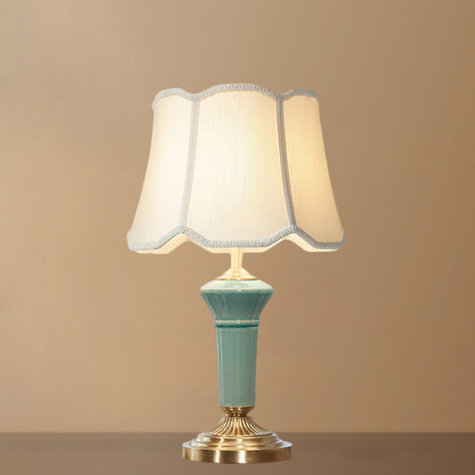 Porcelain Blue Desk Light Column-Shaped Base 1 Light Traditional Table Lamp with Ruffle Edged Fabric Shade Clearhalo 'Lamps' 'Table Lamps' Lighting' 1221433