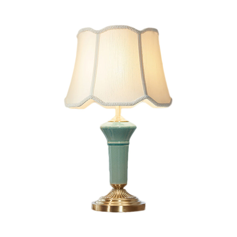Porcelain Blue Desk Light Column-Shaped Base 1 Light Traditional Table Lamp with Ruffle Edged Fabric Shade Clearhalo 'Lamps' 'Table Lamps' Lighting' 1221434