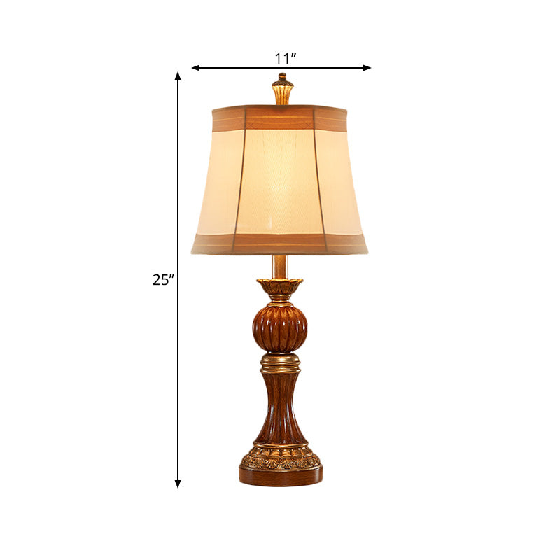 Brown Baluster Base Desk Light Vintage Resin 1 Bulb Study Room Night Stand Lamp with Fabric Shade Clearhalo 'Lamps' 'Table Lamps' Lighting' 1221556