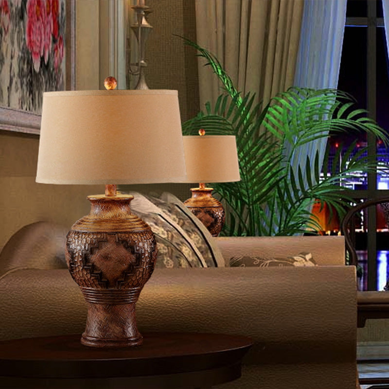 Brown Barrel Shade Desk Light Retro Style Fabric 1-Head Table Lamp with Vase-Shaped Base Clearhalo 'Lamps' 'Table Lamps' Lighting' 1221600