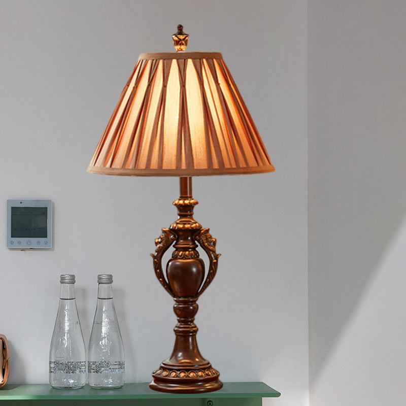 23"/27" High 1-Head Fabric Table Light Antique Style Brown Conical Shaped Living Room Nightstand Lamp Clearhalo 'Lamps' 'Table Lamps' Lighting' 1221675
