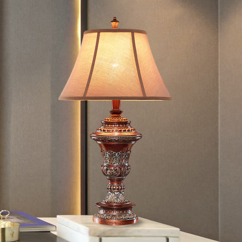 Vintage Style Bell Shade Nightstand Lamp 1 Bulb Fabric Desk Light in Red Brown with Urn-Shaped Base, 25"/29.5" H Clearhalo 'Lamps' 'Table Lamps' Lighting' 1221700