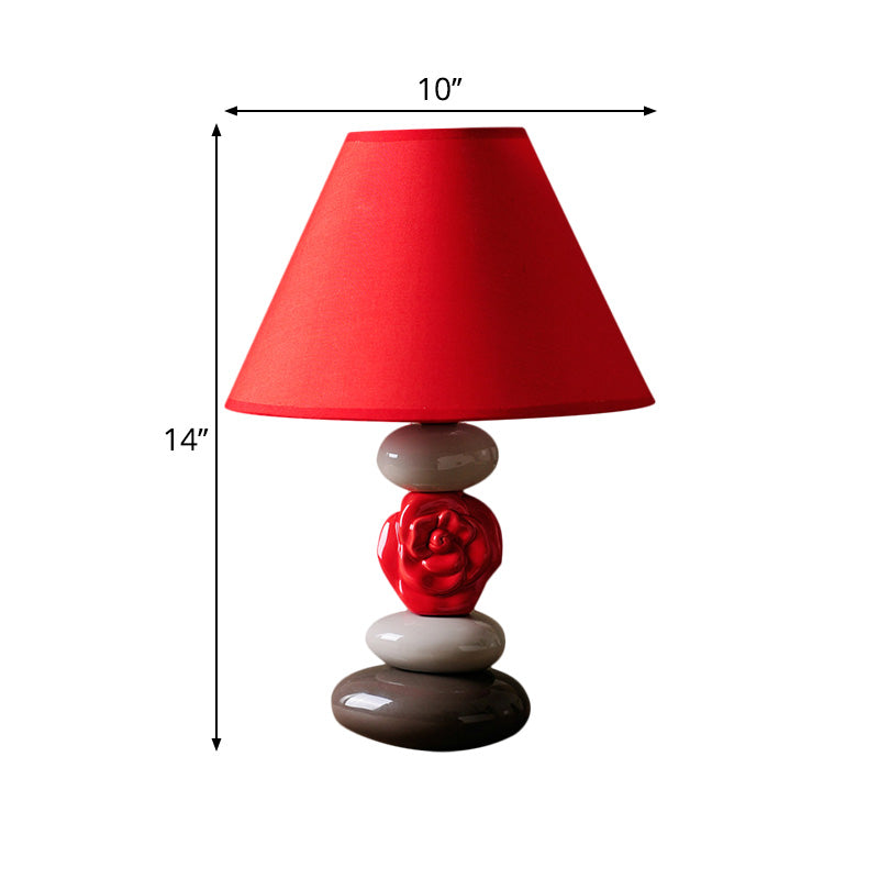 1 Bulb Table Lamp with Cone Shade Fabric Vintage Style Guest Room Ceramics Desk Light in Red Clearhalo 'Lamps' 'Table Lamps' Lighting' 1222297