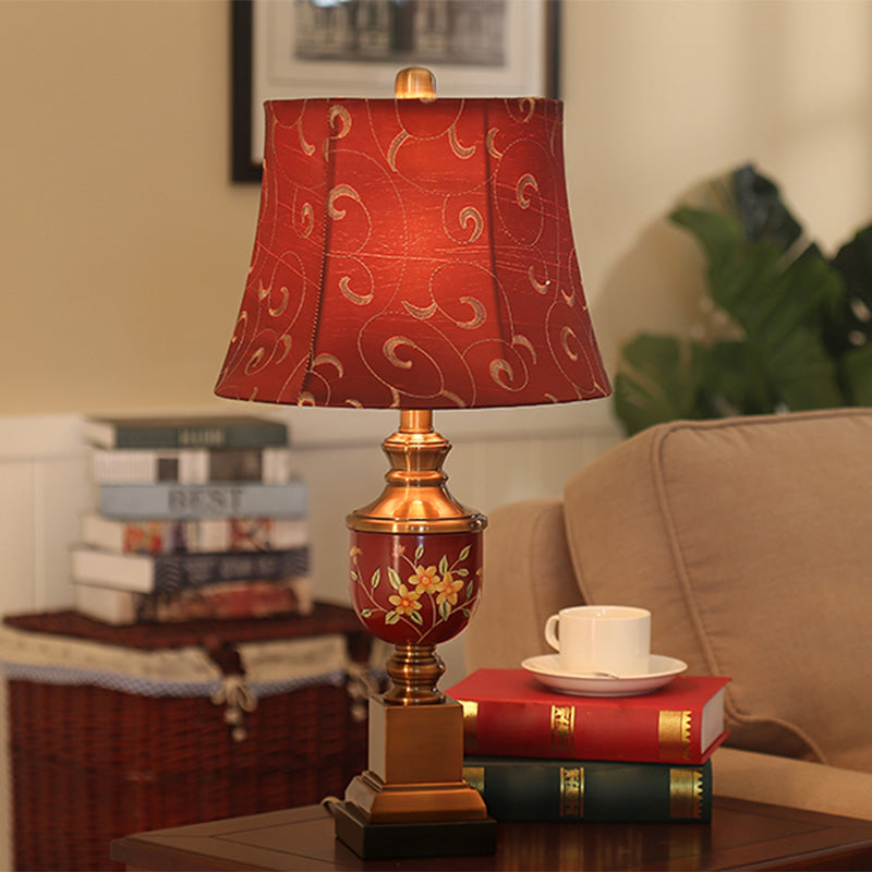 Fabric Red Nightstand Lamp Empire Shade 1 Bulb Countryside Style Table Light for Bedroom Red Clearhalo 'Lamps' 'Table Lamps' Lighting' 1222383