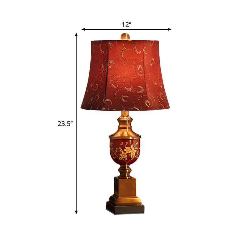 Fabric Red Nightstand Lamp Empire Shade 1 Bulb Countryside Style Table Light for Bedroom Clearhalo 'Lamps' 'Table Lamps' Lighting' 1222386