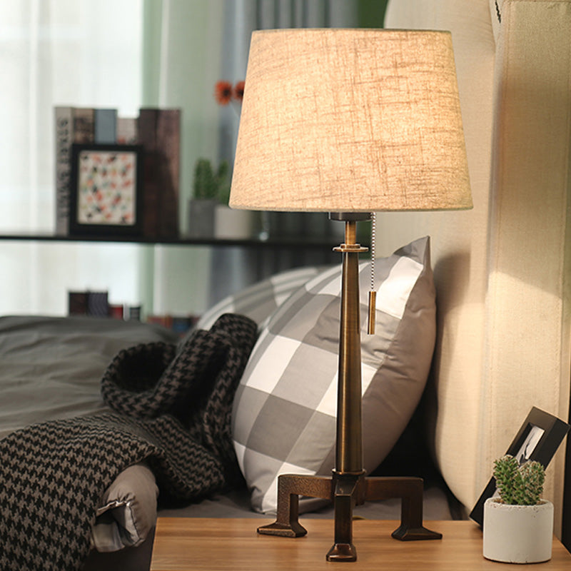 Bronze 1 Bulb Table Lamp Countryside Style Fabric Tapered Shade Desk Light with Pull Chain Bronze Clearhalo 'Lamps' 'Table Lamps' Lighting' 1222427