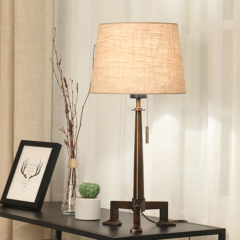 Bronze 1 Bulb Table Lamp Countryside Style Fabric Tapered Shade Desk Light with Pull Chain Clearhalo 'Lamps' 'Table Lamps' Lighting' 1222428