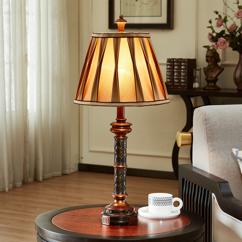 Fluted Column Base Night Stand Lamp Antiqued Style 1 Bulb Resin Desk Light in Brown with Fabric Shade Brown Clearhalo 'Lamps' 'Table Lamps' Lighting' 1222471