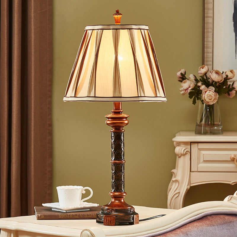 Fluted Column Base Night Stand Lamp Antiqued Style 1 Bulb Resin Desk Light in Brown with Fabric Shade Clearhalo 'Lamps' 'Table Lamps' Lighting' 1222472