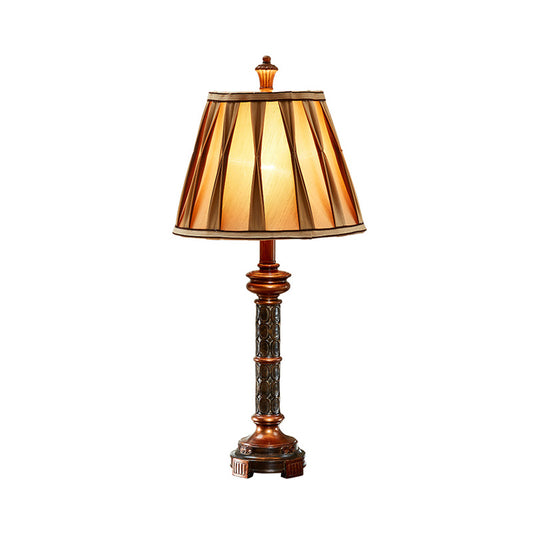 Fluted Column Base Night Stand Lamp Antiqued Style 1 Bulb Resin Desk Light in Brown with Fabric Shade Clearhalo 'Lamps' 'Table Lamps' Lighting' 1222473