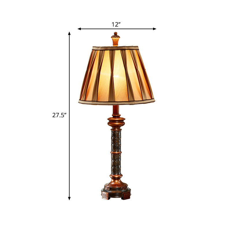 Fluted Column Base Night Stand Lamp Antiqued Style 1 Bulb Resin Desk Light in Brown with Fabric Shade Clearhalo 'Lamps' 'Table Lamps' Lighting' 1222474