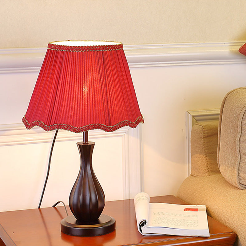 Red/White Conical Shade Desk Light Vintage Style Fabric 1 Light Guest Room Night Table Lamp Clearhalo 'Lamps' 'Table Lamps' Lighting' 1222508