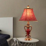 1-Light Desk Light Antique Style Bell Shade Fabric Night Table Lamp in Red/White for Bedside Clearhalo 'Lamps' 'Table Lamps' Lighting' 1222525
