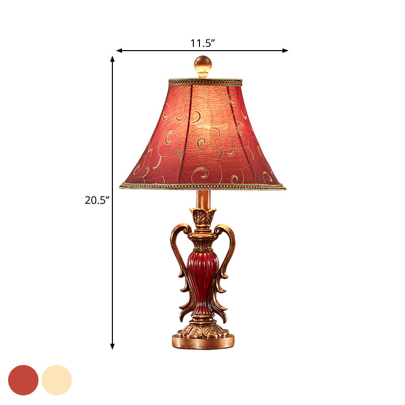 1-Light Desk Light Antique Style Bell Shade Fabric Night Table Lamp in Red/White for Bedside Clearhalo 'Lamps' 'Table Lamps' Lighting' 1222527