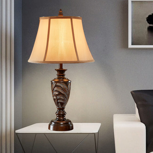 Bronze 1 Light Desk Light Traditional Fabric Bell Shaped Table Lamp with Font Resin Base Bronze Clearhalo 'Lamps' 'Table Lamps' Lighting' 1222532