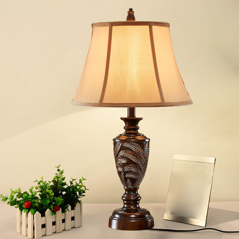 Bronze 1 Light Desk Light Traditional Fabric Bell Shaped Table Lamp with Font Resin Base Clearhalo 'Lamps' 'Table Lamps' Lighting' 1222533