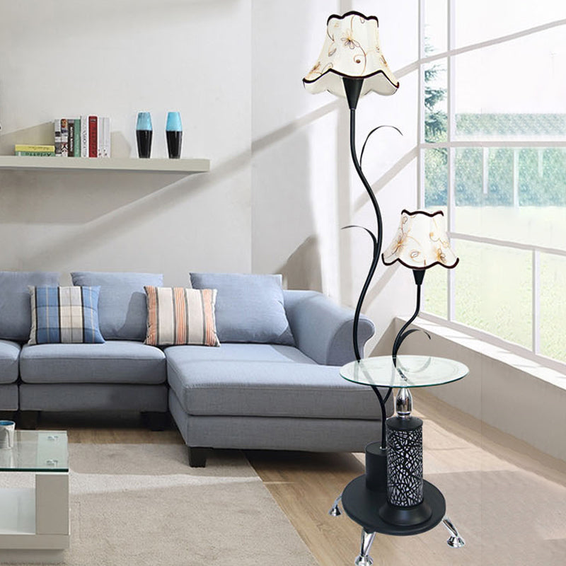 Black/White 2 Bulbs Floor Light Countryside Style Iron Branch Design Standing Lamp with Floral Shade Black Clearhalo 'Floor Lamps' 'Lamps' Lighting' 1222541