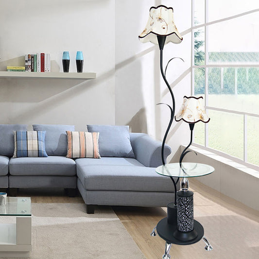 Black/White 2 Bulbs Floor Light Countryside Style Iron Branch Design Standing Lamp with Floral Shade Black Clearhalo 'Floor Lamps' 'Lamps' Lighting' 1222541