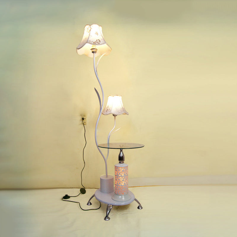 Black/White 2 Bulbs Floor Light Countryside Style Iron Branch Design Standing Lamp with Floral Shade White Clearhalo 'Floor Lamps' 'Lamps' Lighting' 1222545