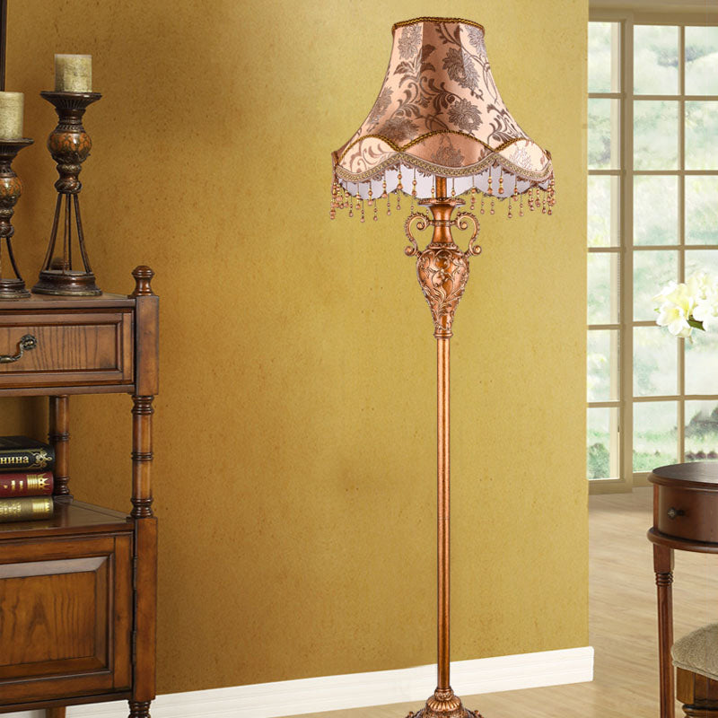 1-Bulb Floor Standing Lamp Rural Style Tapered Shade Fabric Floor Light in Gold with Cascading Design Gold Clearhalo 'Floor Lamps' 'Lamps' Lighting' 1222565