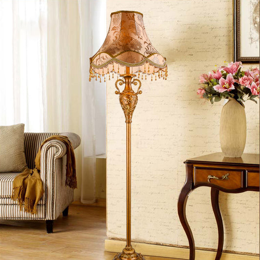 1-Bulb Floor Standing Lamp Rural Style Tapered Shade Fabric Floor Light in Gold with Cascading Design Clearhalo 'Floor Lamps' 'Lamps' Lighting' 1222566
