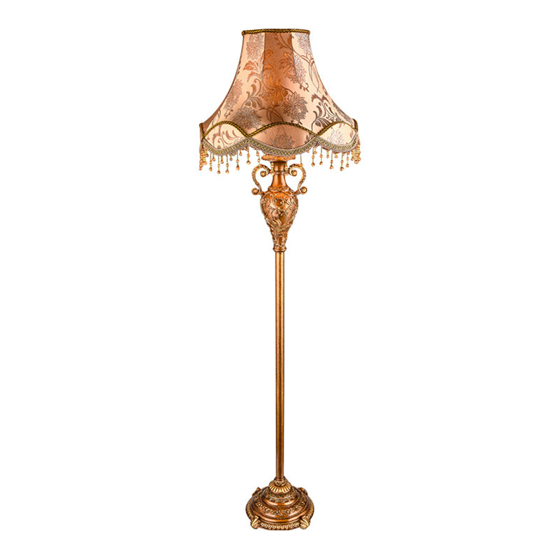 1-Bulb Floor Standing Lamp Rural Style Tapered Shade Fabric Floor Light in Gold with Cascading Design Clearhalo 'Floor Lamps' 'Lamps' Lighting' 1222567