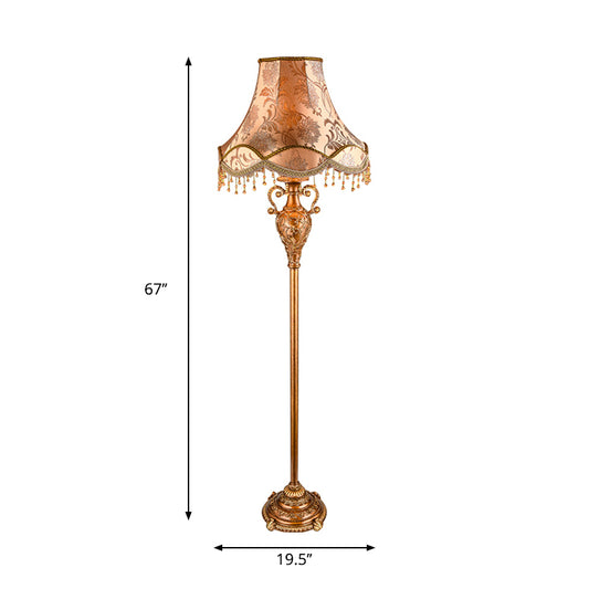 1-Bulb Floor Standing Lamp Rural Style Tapered Shade Fabric Floor Light in Gold with Cascading Design Clearhalo 'Floor Lamps' 'Lamps' Lighting' 1222568