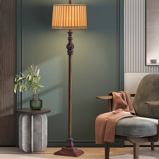 Square Pedestal Standing Floor Lamp Retro 1-Light Resin Floor Light in Brown with Pleated Fabric Shade Brown Clearhalo 'Floor Lamps' 'Lamps' Lighting' 1222637