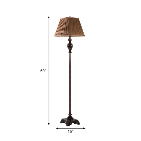 Antique Style Pleated Conical Shade Floor Lamp 1 Light Fabric Floor Light in Brown with Urn-Shaped Base Clearhalo 'Floor Lamps' 'Lamps' Lighting' 1222656