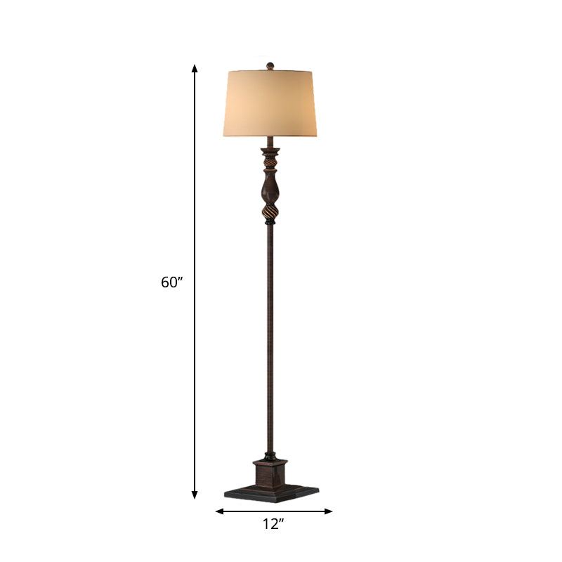 1-Head Resin Reading Floor Lamp Retro Style Brown Carved Study Room Floor Light with Fabric Shade Clearhalo 'Floor Lamps' 'Lamps' Lighting' 1222662