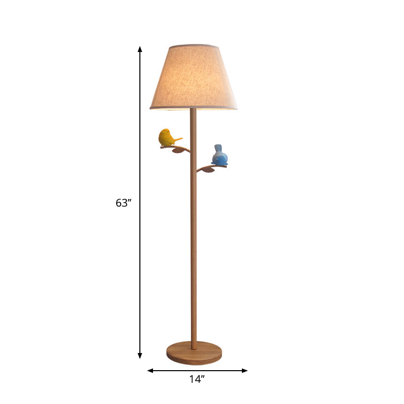 Wood Conical Shade Task Floor Lamp Rustic Style Fabric 1 Light Living Room Floor Light with Branch and Bird Design Clearhalo 'Floor Lamps' 'Lamps' Lighting' 1222686