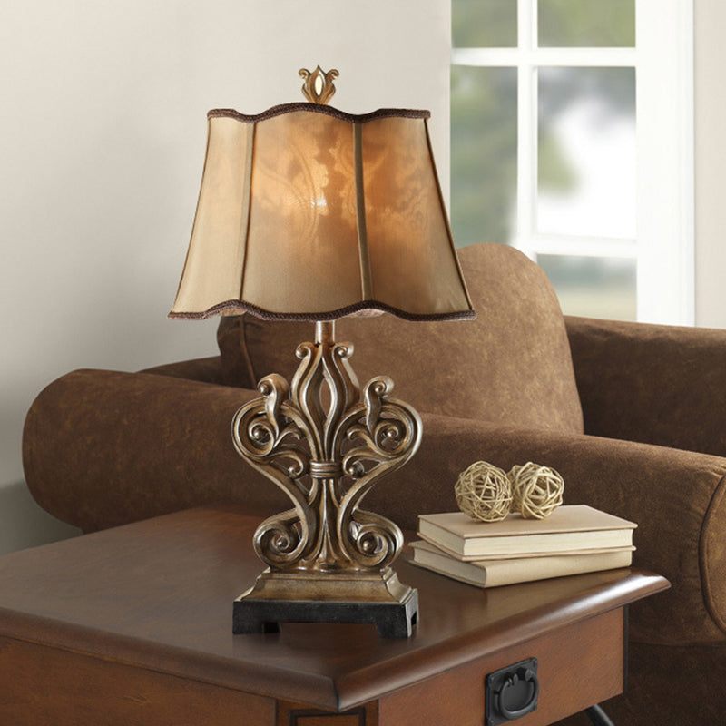 Ruffle-Edged Shade Table Lamp Rustic Style 1 Bulb Guest Room Night Stand Lamp in Brown with Square Pedestal Clearhalo 'Lamps' 'Table Lamps' Lighting' 1222740