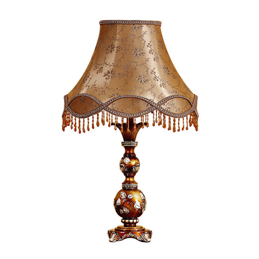 13"/18" W Brown Tapered Shade Table Lamp Traditional Fabric 1-Head Living Room Desk Light with Leaf Design Clearhalo 'Lamps' 'Table Lamps' Lighting' 1222760